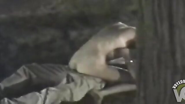 Big tits chick rides thick cock outdoors by tree in park