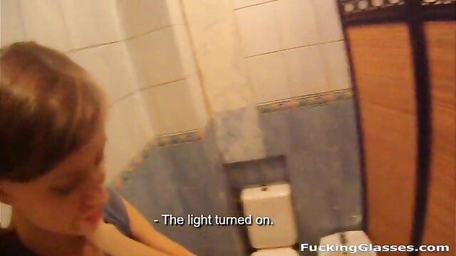Cute teen blonde in public bathroom, light on, ready for fucking