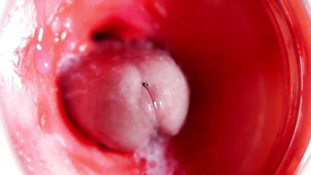 Closeup camera inside wet pink vagina with cum and bubbles, 4K ASMR