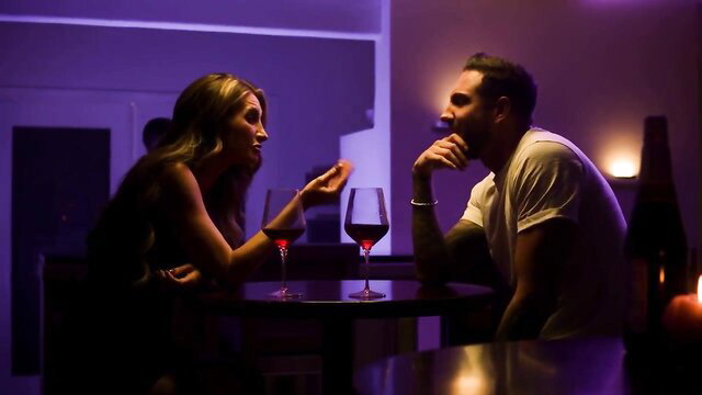 Silvia Saige sips wine with hot guy in intimate purple-lit chat