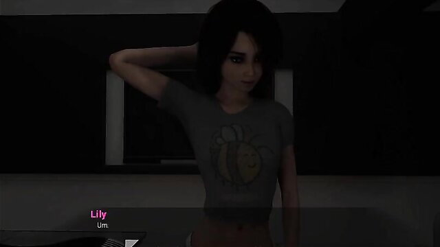 Lily in tight gray tee, seductive pose, horny Asian gamer girl