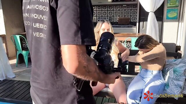 Big tits blonde and brunette babes posing sexy outdoors