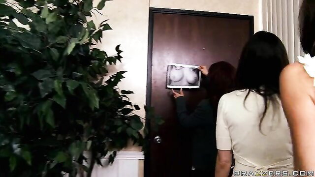 Devon Michaels and busty brunettes with X-ray tits by door