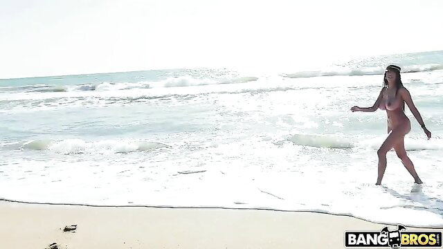 Katrina Moreno in pink bikini walking on beach, Public Bang