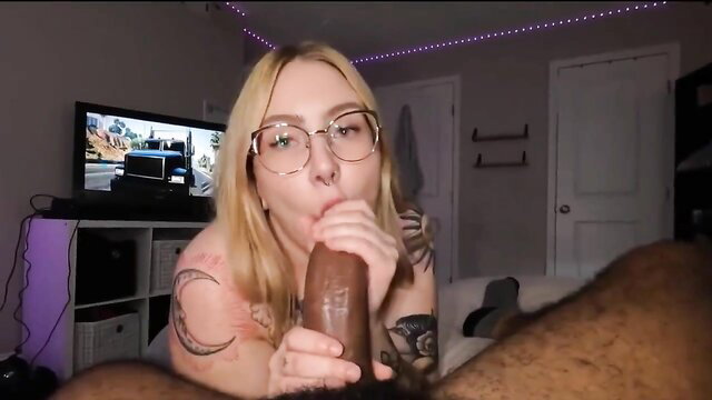 Nerdy PAWG with glasses worships huge BBC in interracial blowjob