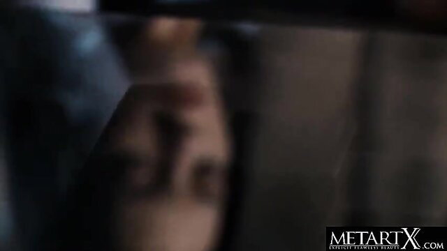 Slim freckled babe in long socks masturbates closeup