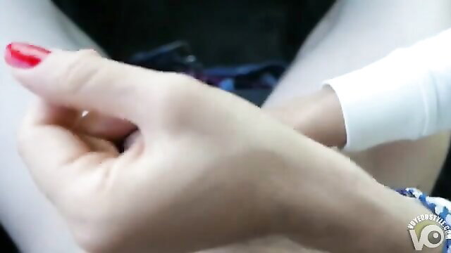 Woman's red nails giving handjob to stranger in car POV