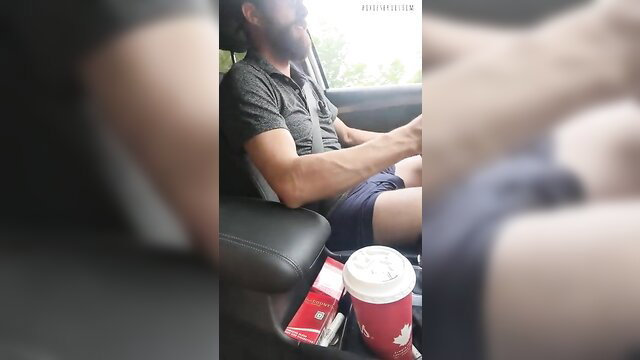 Nervous bearded guy in car pulled over for amateur blowjob action