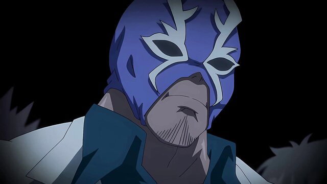 Blue masked luchador man in dark anime-style closeup, intense gaze