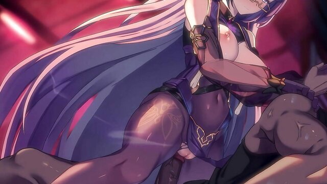 Purple-haired anime hentai girl in lingerie fucked doggystyle by huge cock