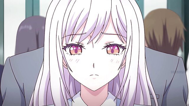 Anime girl with long white hair and red eyes in suit, seductive JAV thumbnail