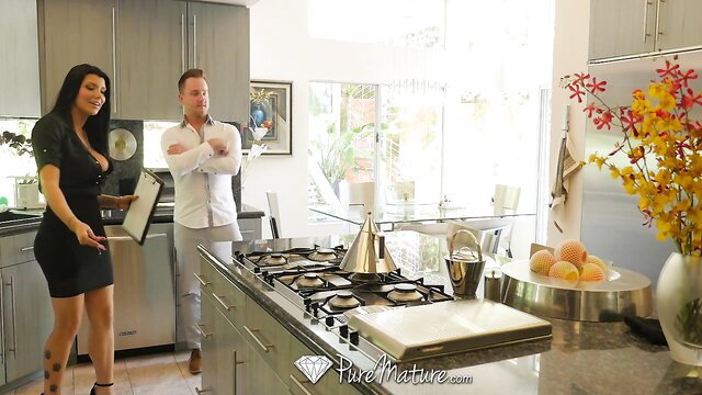 Hot mature brunette real estate agent in tight dress with client