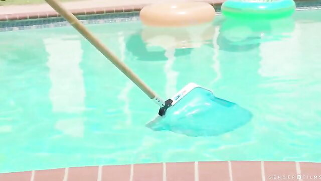 Cute shemale poolside with skimpy bikini net scoop toy