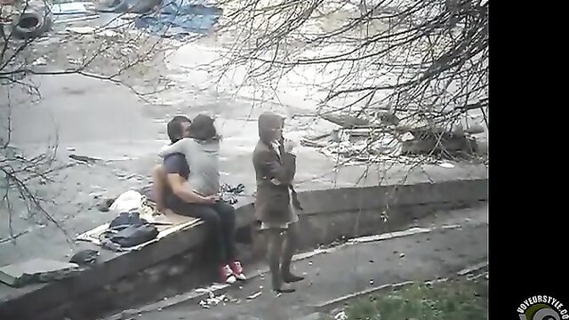 Amateur couple hard outdoor sex at landfill, woman riding man on edge