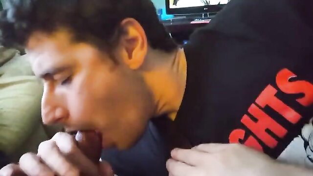 Gay buddy blows cock on couch, mutual stroking CIM swallow