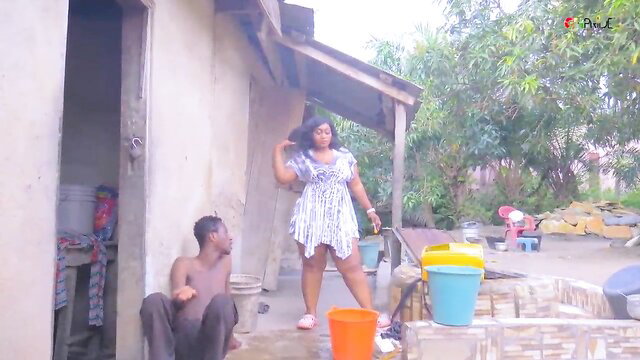 Curvy black stepmom in dress teases shirtless guy outdoors