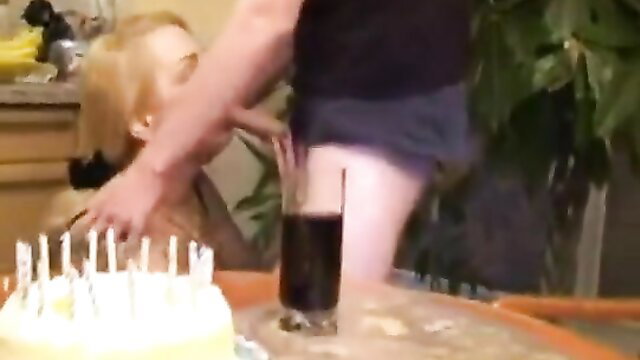 Blonde MILF mom handjobs son by birthday cake in taboo family fuck