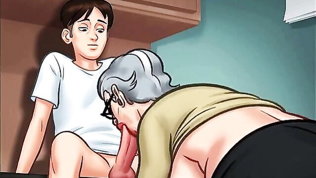 Old cougar granny sucking young boy's big cock in kitchen