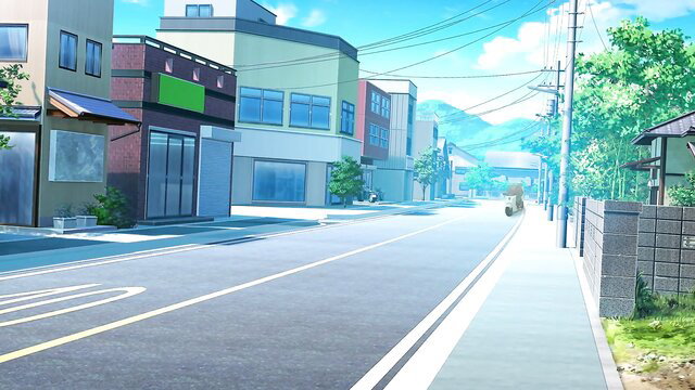 Anime pizza delivery hentai street scene, blue sky urban background
