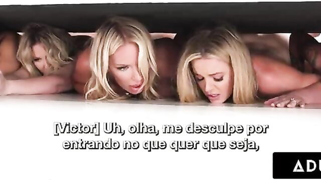 4 busty blondes nude under table eyeing man in MILF gangbang