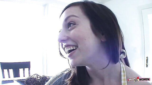 Bicurious teen smiles excitedly with experienced older blonde