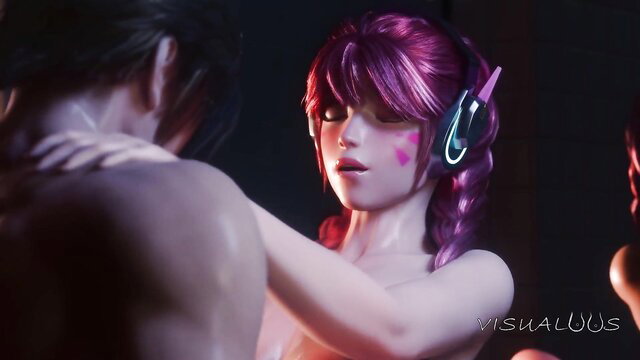 D.Va pink-haired hentai girl groped nude in steamy threesome