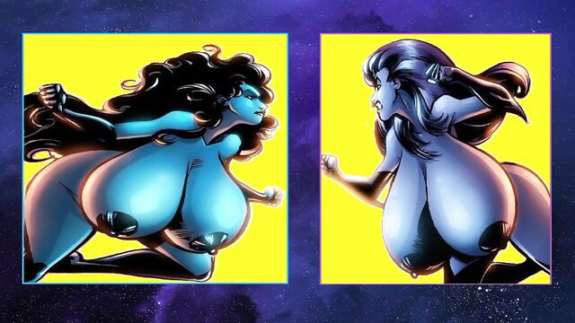 Big blue alien babes with massive tits battle bosoms in space