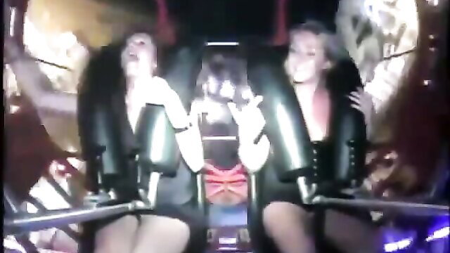 Hot babes screaming in lingerie on wild roller coaster ride