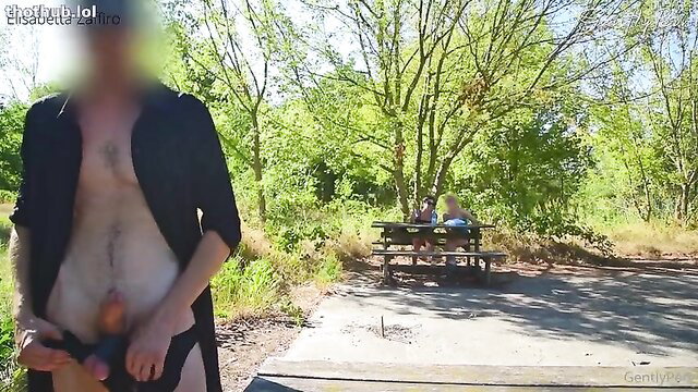GentlyPerv exposes cock at picnic, flashing near family in park