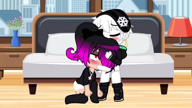 Black and white haired girl hugs smirking purple haired bratty Kora on bed