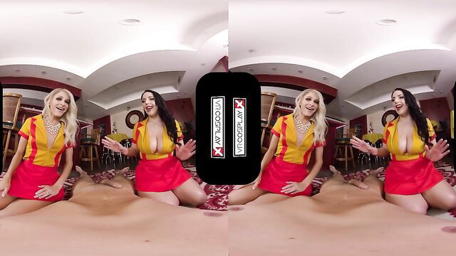 2 Broke Girls XXX Parody VR cosplay - busty blondes & brunette in red-yellow dresses kneeling POV