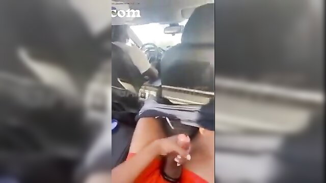 Blurry passenger caught stroking cock by driver in car, allowed to cum