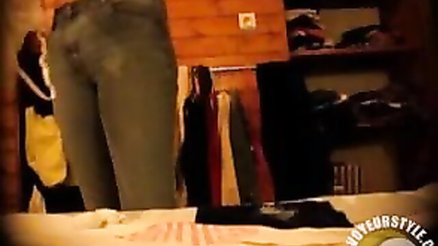 Hairy MILF changing clothes, showing bush and thick thighs