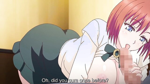 Busty redhead hentai student licks sensei's cock, teasing if he came before