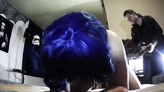Blue-haired big tit sub slut moans in pain from belt spanking