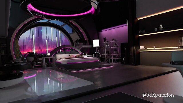 Neon Dreams hottie in cyberpunk bedroom, seductive pose on neon bed