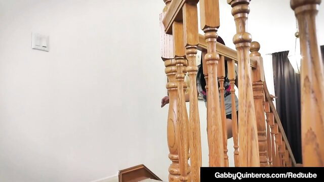 Gabby Quinteros on stairs in tight shorts, hot milf tease