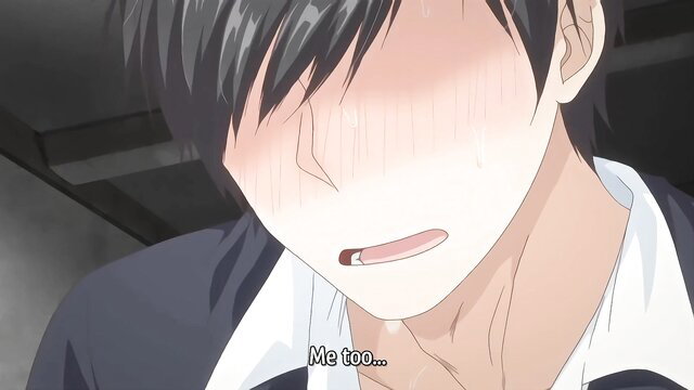 Blushing anime guy with flushed face saying 'Me too' in steamy hentai scene