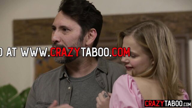 Petite blonde teen hugs dad from behind in taboo scene