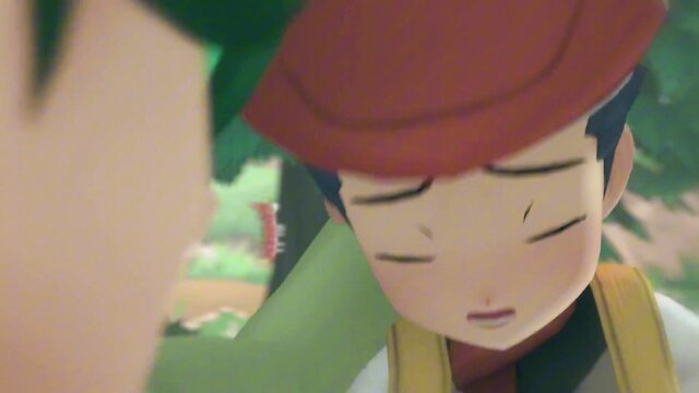 Cute anime boy with green hair and red cap in close-up profile view