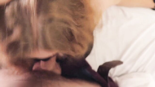 Blindfolded blonde tied up for rough oral on man in bed