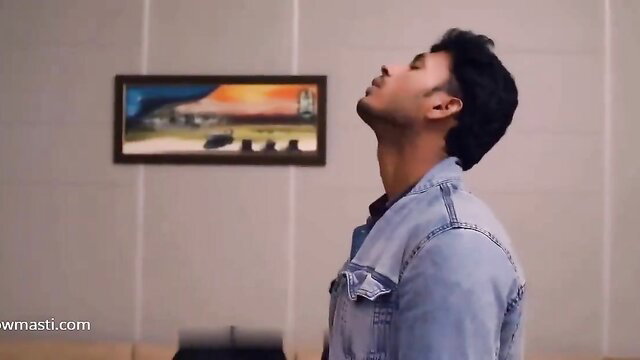 Handsome Indian man in denim jacket tilts head back seductively, Kanjan Aunty part 1
