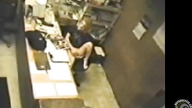 Blonde amateur spreads legs on desk, guy fingers wet pussy closeup