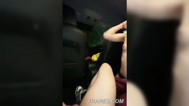 Asian amateur girl giving car blowjob, handjob closeup
