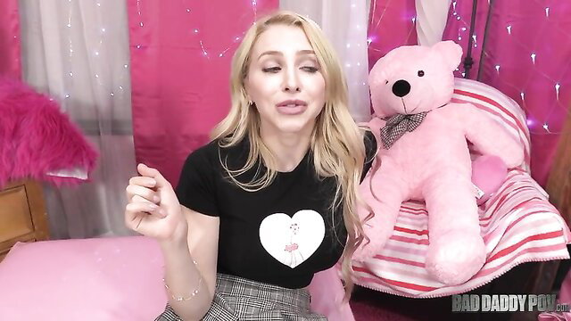 Alix Lynx in pink bedroom with teddy bear, seeking stepdaddy approval