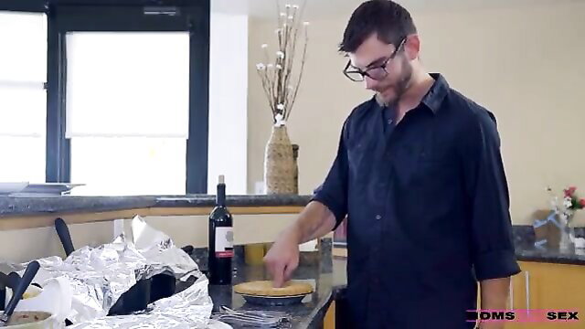 Glasses guy in kitchen preps pie after dinner with stepmom stepsis