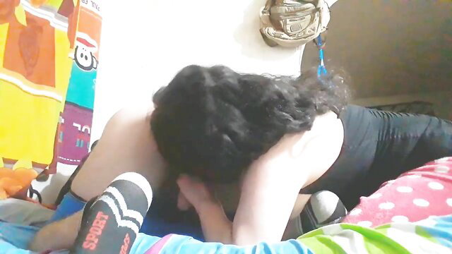 Curvy brunette rims hot young man's ass while he masturbates on bed