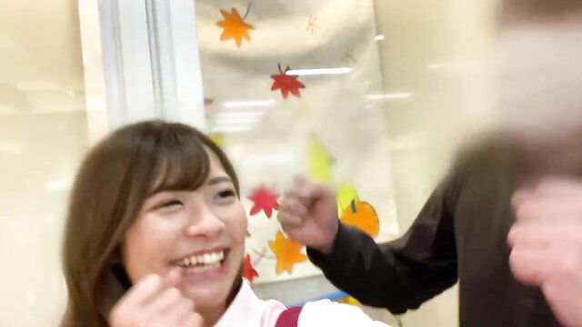 Cute Japanese JK amateur smiles playfully in gonzo sex preview