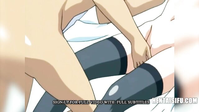 Anime tutor threesome: nude girl groping thighs in stockings