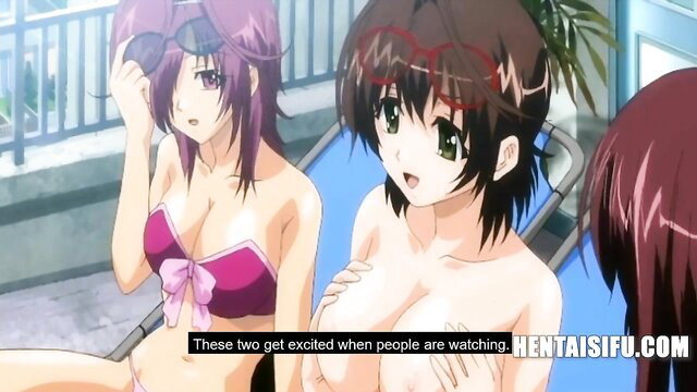 Two busty anime girls in bikinis groping nude tits poolside in Hot Summer Things hentai